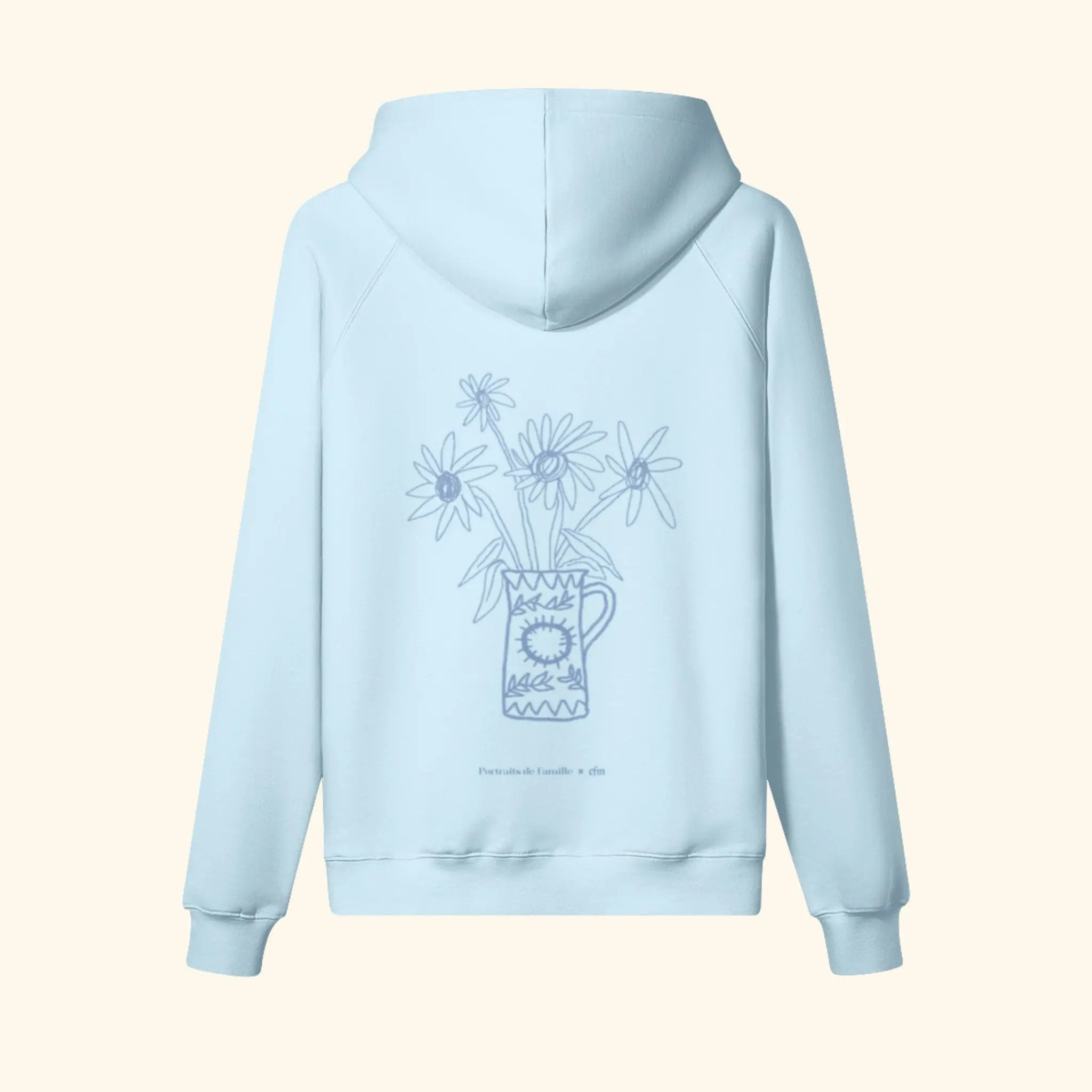 Portraits de Famille Dar Vida The Hoodie Flor Azure Whisper Heavy Cotton Back