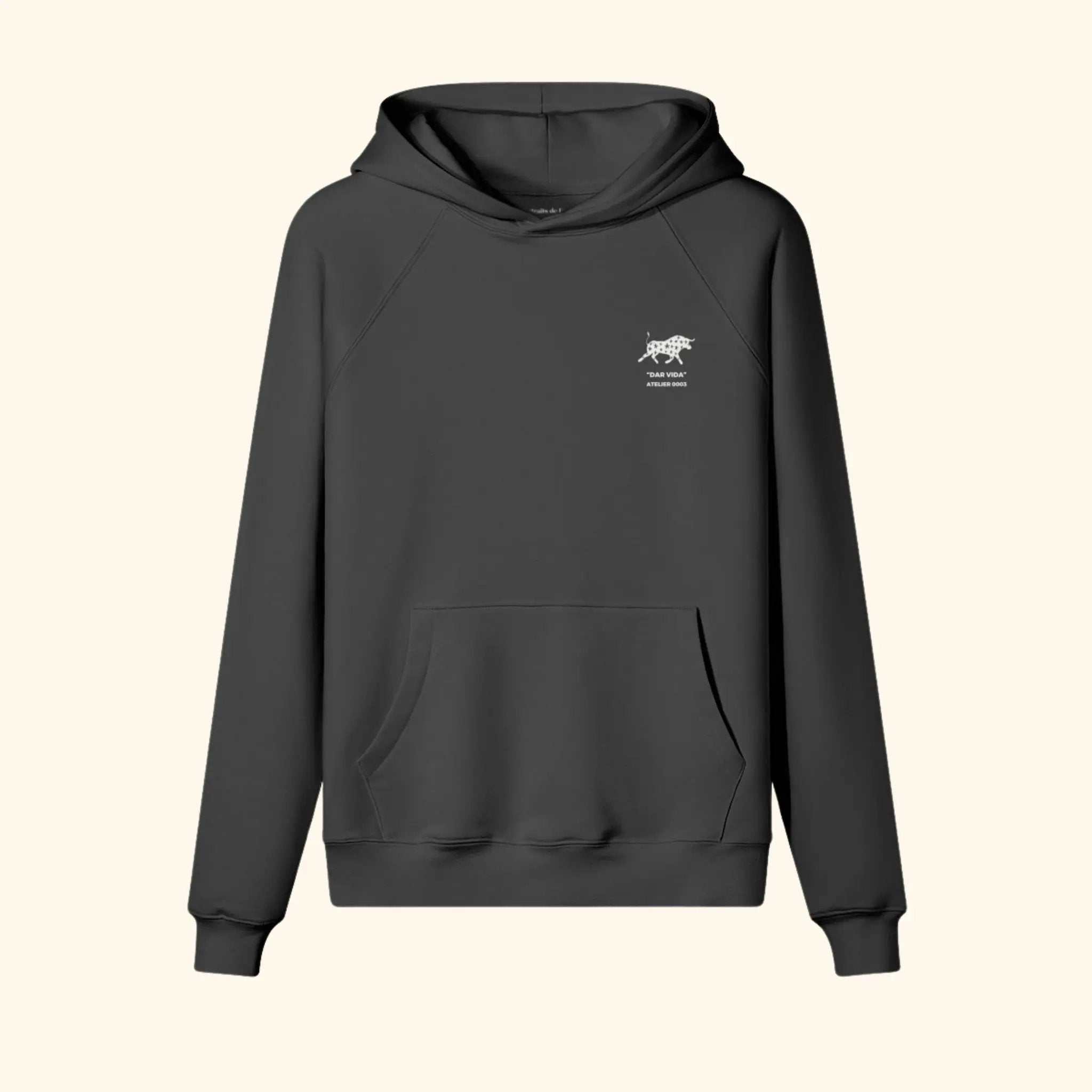 Portraits de Famille Dar Vida The Hoodie Pasión Midnight Black Heavy Cotton Front