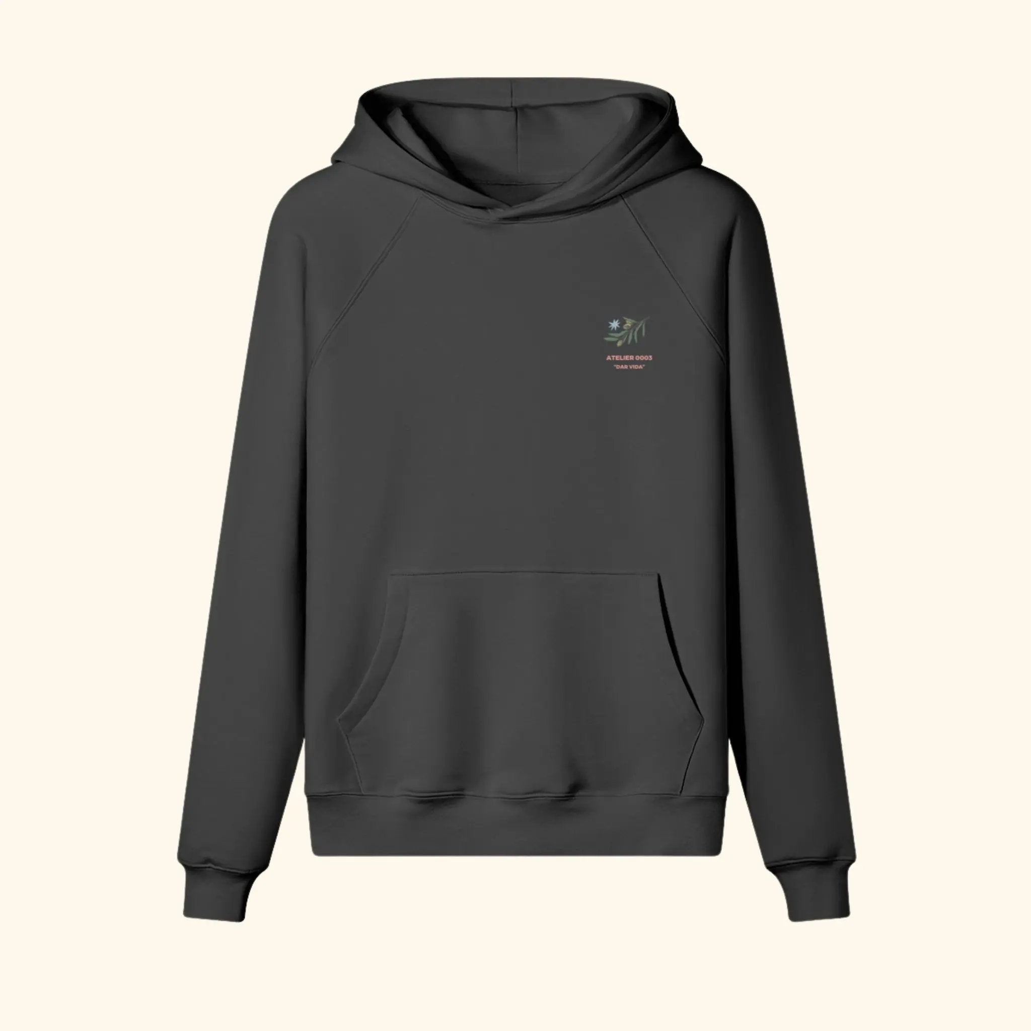 Portraits de Famille Dar Vida The Hoodie Ramas De Vida Midnight Black Heavy Cotton Front