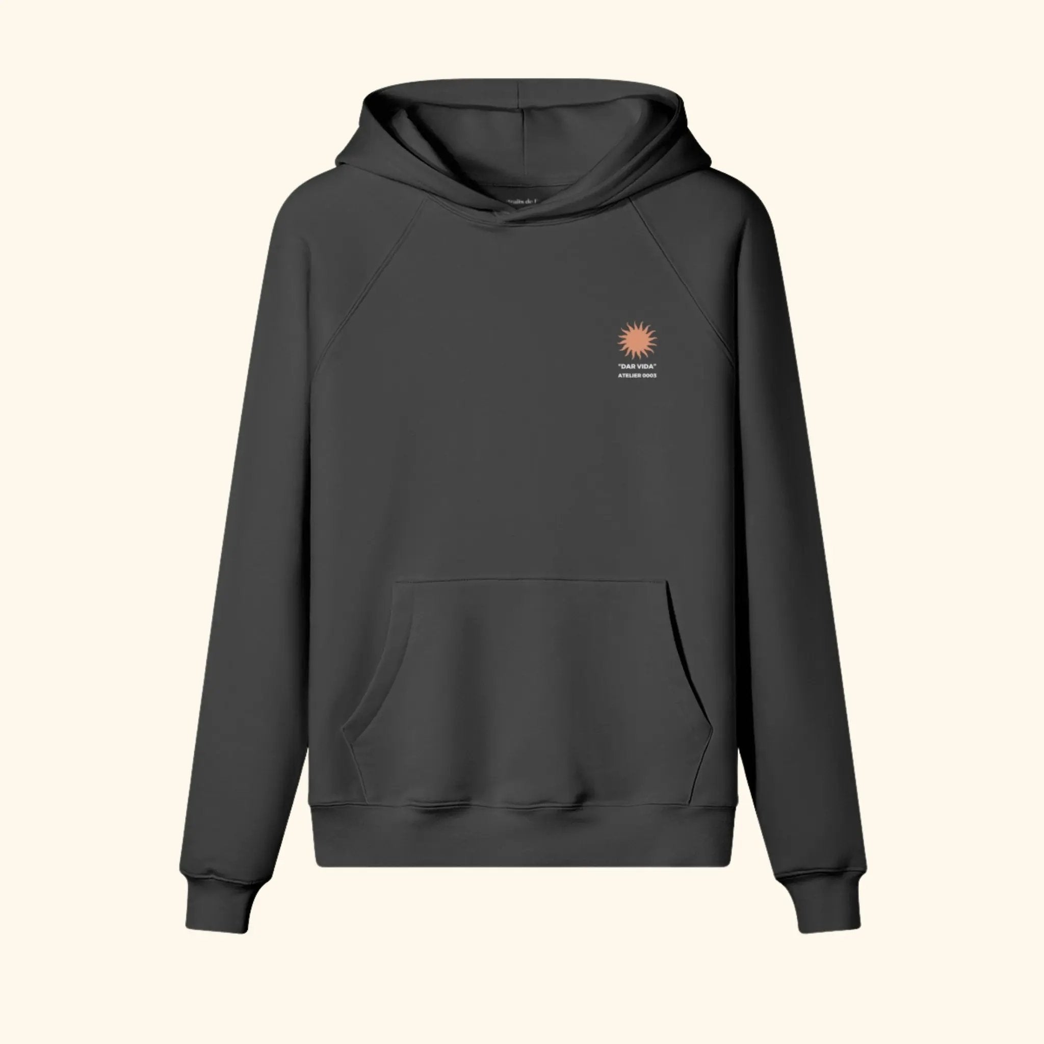 Portraits de Famille Dar Vida The Hoodie Sol Midnight Black Heavy Cotton Front