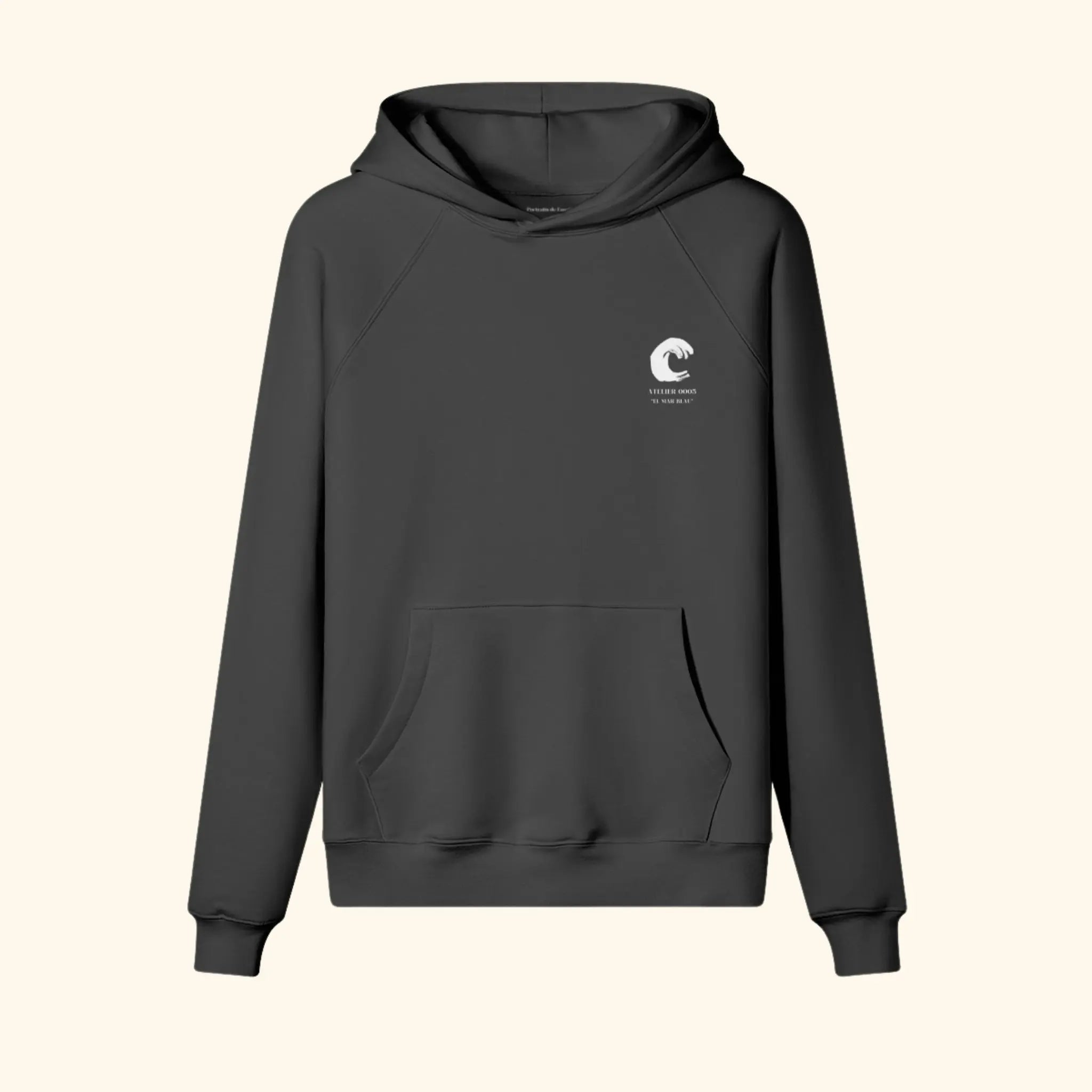 Portraits de Famille El Mar Blau The Hoodie Mucho Flow Midnight Black Heavy Cotton Front