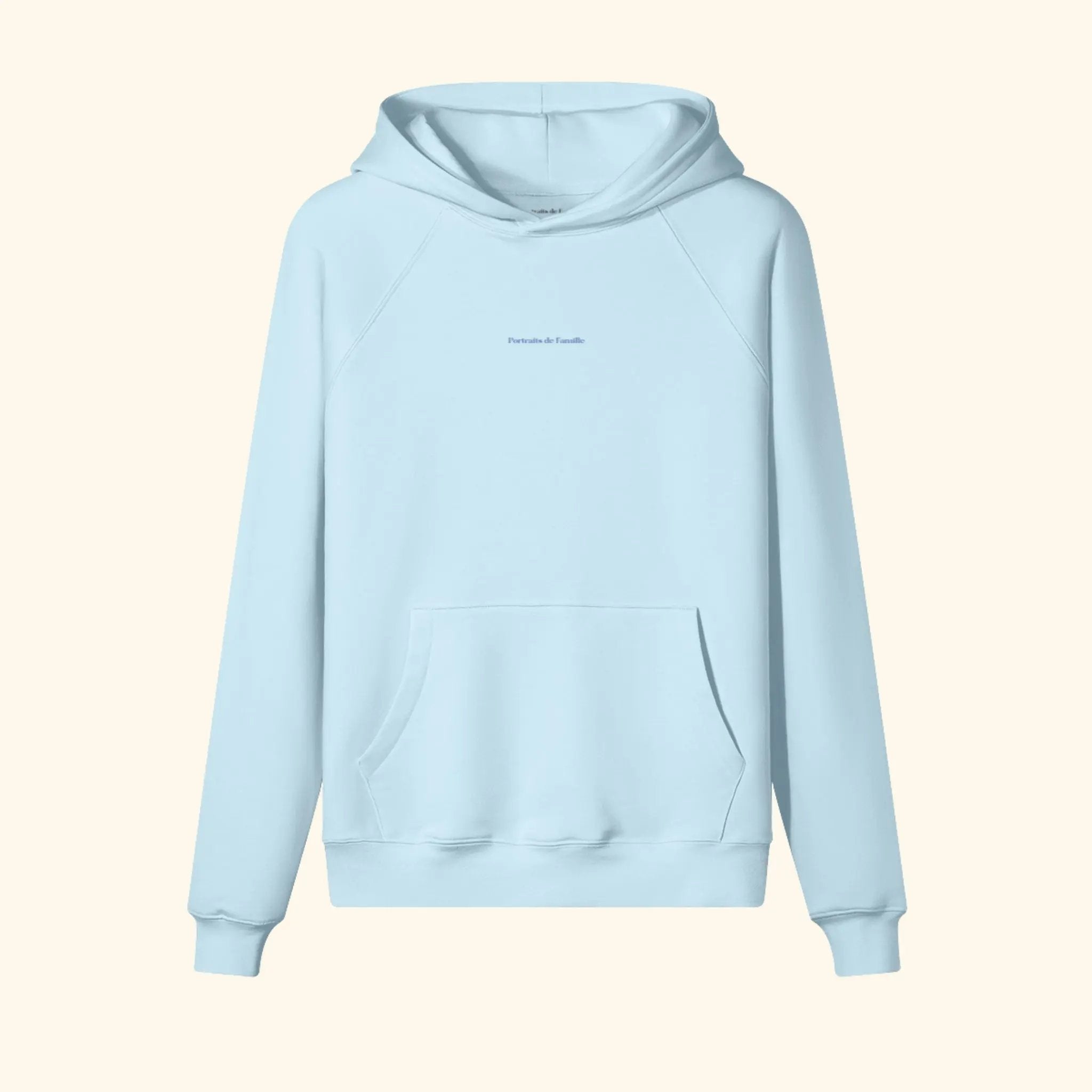 Portraits de Famille The Essentials The Hoodie Logo Embroidered Azure Whisper Heavy Cotton Front